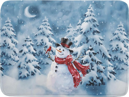 Blue Snowman Dish Drying Mat Winter Pine Tree Drainer Rack Mats 18x24 Inch Absorbent Fast Dry Dish Pad Protector Kitchen Counter Accessories