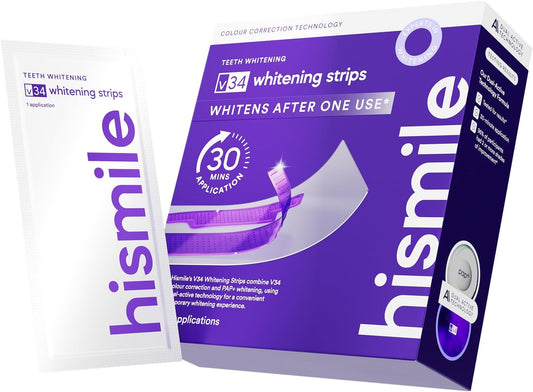 Hismile V34 Whitening Strips, Teeth Whitening Strips, Purple Tooth Whitening, Tooth Stain Treatment, Combining Whitening and Colour Correction