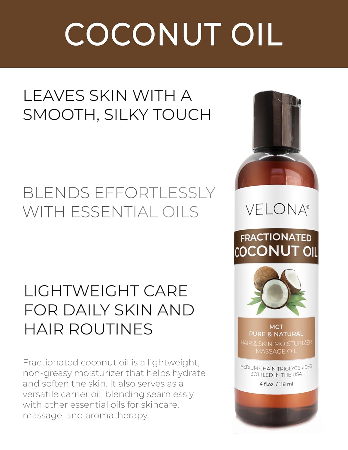 velona MCT Coconut Oil 4 Fl Oz | 100% Pure and Natural Carrier Oil | Fractionated | Skin, Face, Body, Hair Care | Use Today - Enjoy Results