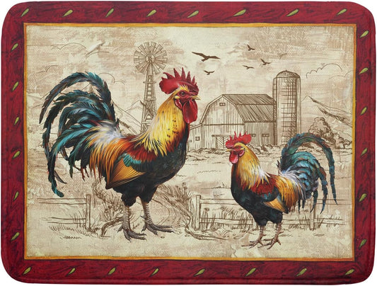 Farm Rooster Dish Drying Mat for Countertop 18x24 Inches Red Rustic Chicken Absorbent Microfiber Dry Dishes Pads Kitchen Counter Accessories