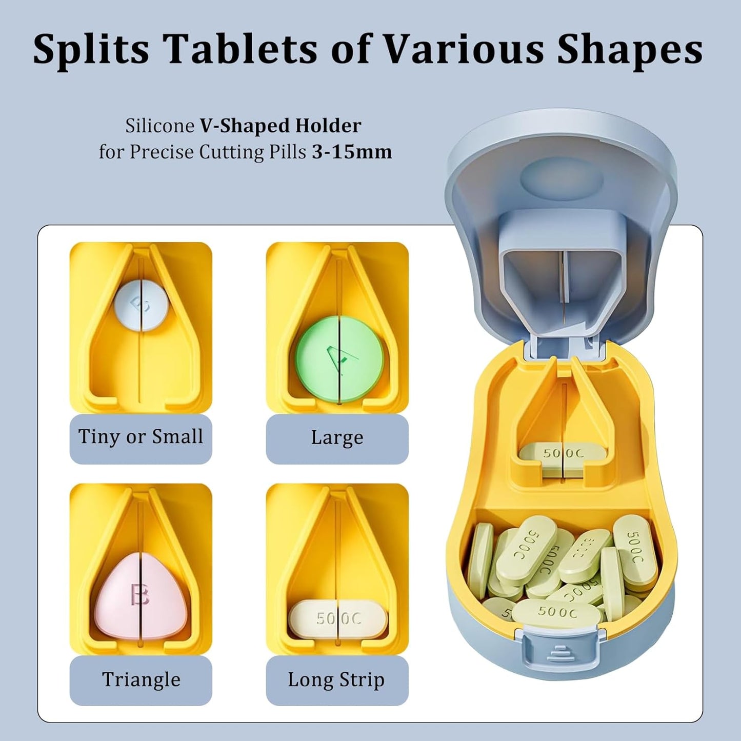 Pill Cutter Splitter for Small and Tiny Pills - Professional Pill Cutter for Small or Large Pills | Wrap-Around Blade Guard | Detachable Nonslip V-Shaped Pad | Easy Open | Back Storage, Cyan (Blue)