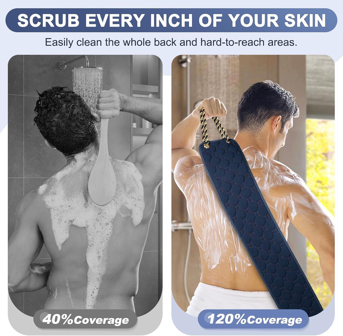 Exfoliating Back Scrubber with Handles, 39 Inch Double-Sided Back Exfoliator Body Scrub Towel, Exfoliating Washcloth Bath Tool for Use in Shower, Back Washer to Deep Clean Your Skin for Men & Women