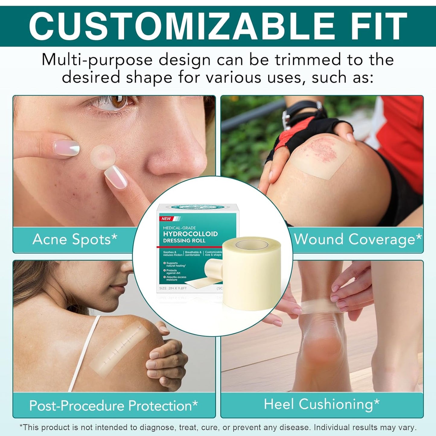 Hydrocolloid Roll 2in*11.8ft, Hydrocolloid Bandages for Wound Care, Flexible & Waterproof Cuttable Hydrocolloid Dressing Roll with Self-Adhesive