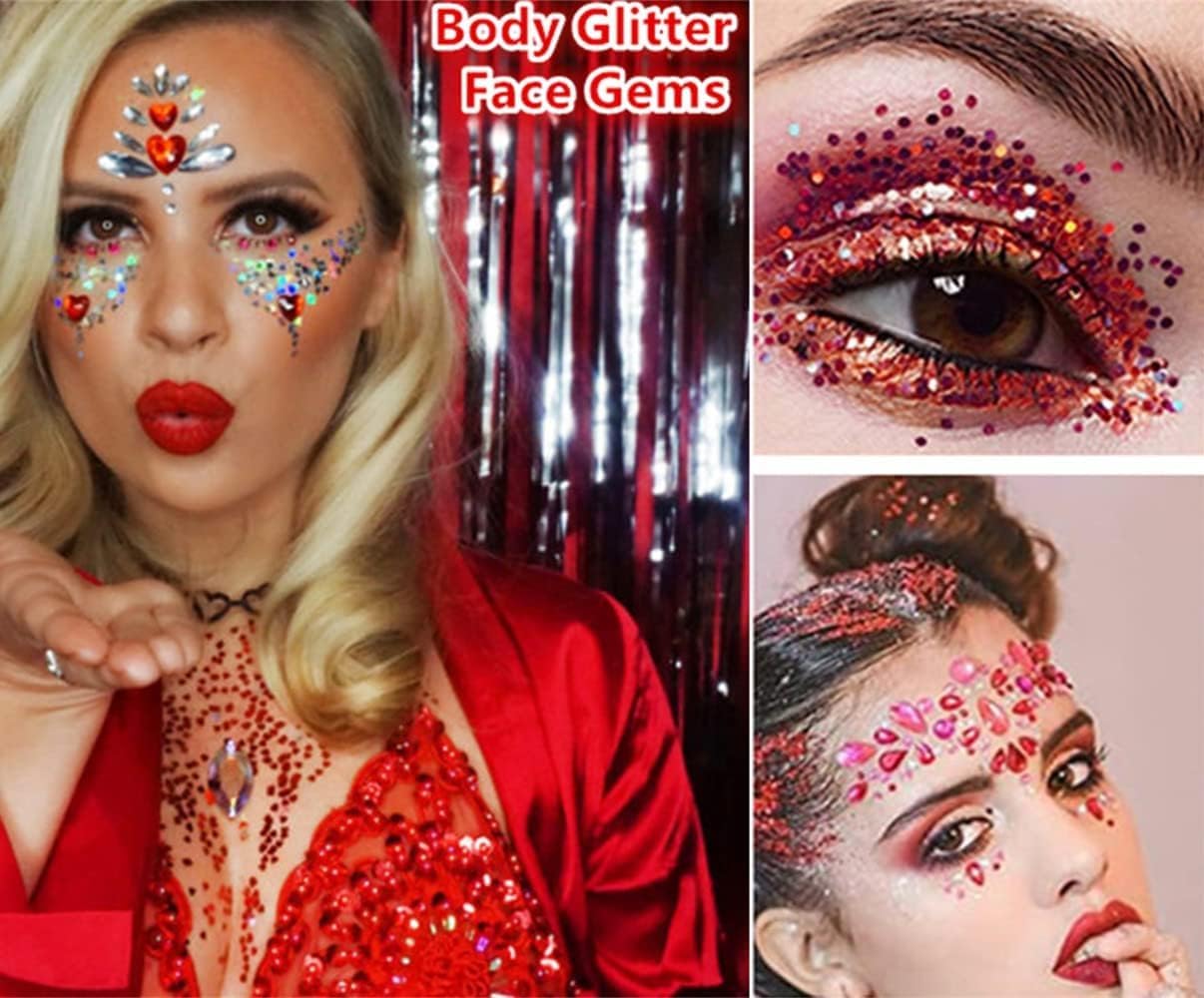 Go Ho Red and Blue Body Glitter Set,Singer Concerts Face Glitter Gel Makeup,Holographic Long Lasting Chunky Sequins Glitters for Eye Lip Hair Nails,Festival Rave Accessories,Blue&Red