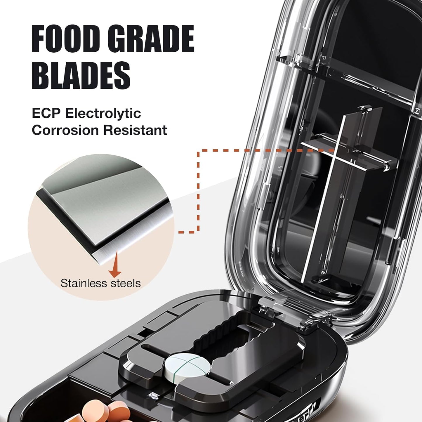 Portable Pill Cutter with Adjustable Slots – Multi Pill Splitter for Small & Large Tablets, Stainless Steel Blade, Clear Cut, Non-Slip Design, Easy to Use for Weekly Medication(Black, 1/4)