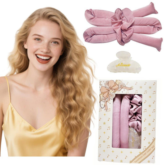 Serenade Textured Satin Heatless Curls Overnight, Heatless Hair Curler Curling Set for Women and Girls to Sleep in, with 2 Satin Scrunchies and 1 Clip for Overnight Curls, Pink