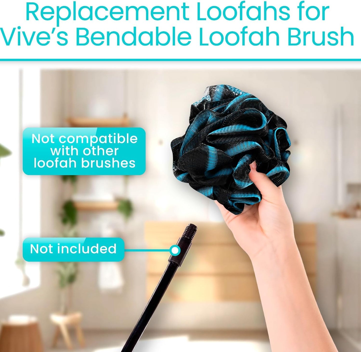 Vive Bendable Loofah Brush with Long Handle - Extended Luffa Scrubber - Shower Stick w/Loofa for Exfoliating Skin - Bath Sponge for Women and Men (Replacement)