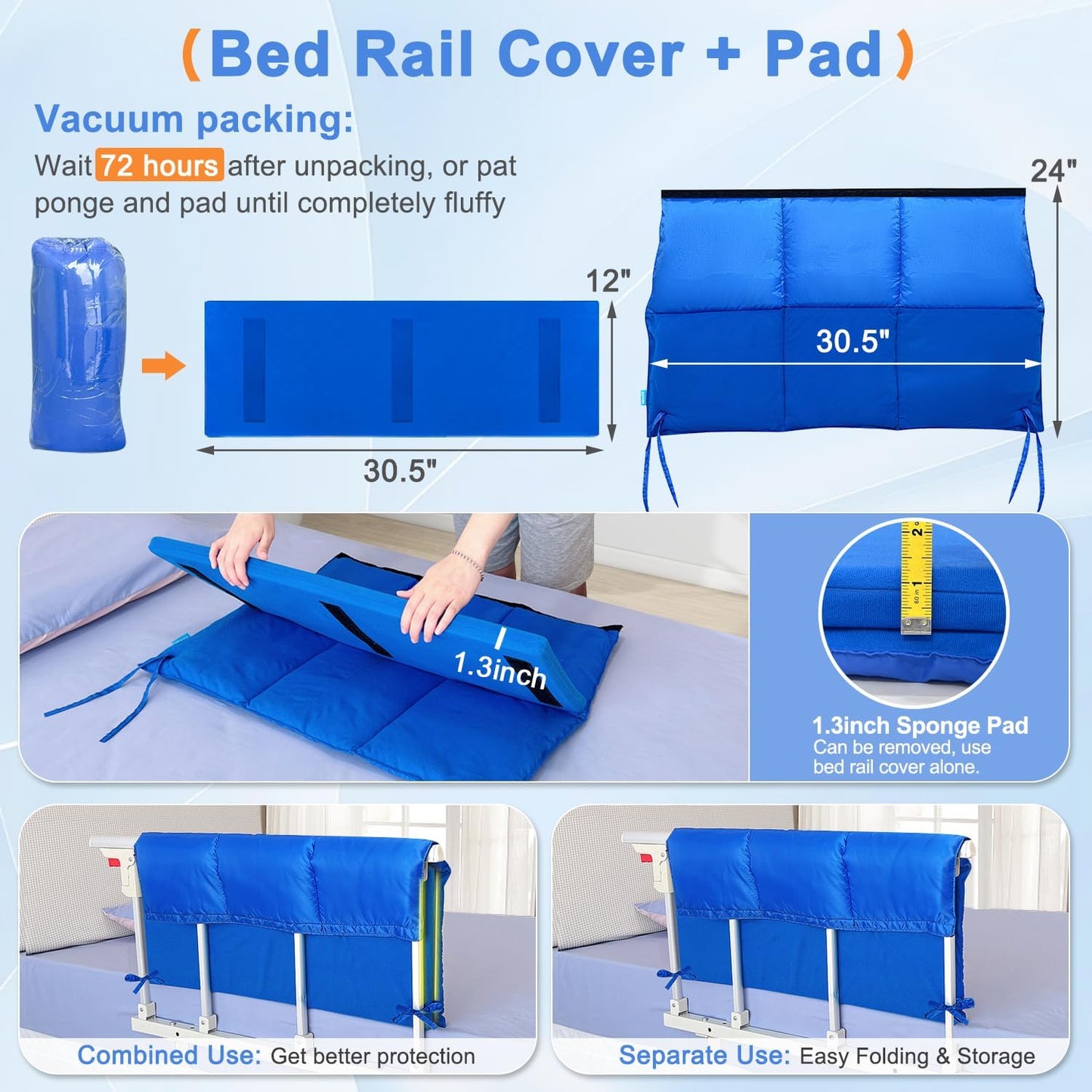 Bed Rail Pads for Elderly Adults Safety, Hospital Bed Railing Covers, Bedside Guard Rails Cover, Sleep Bumpers Foam Padding Cushion for King Queen Bed, Medical Bed Rail Padded Handicap