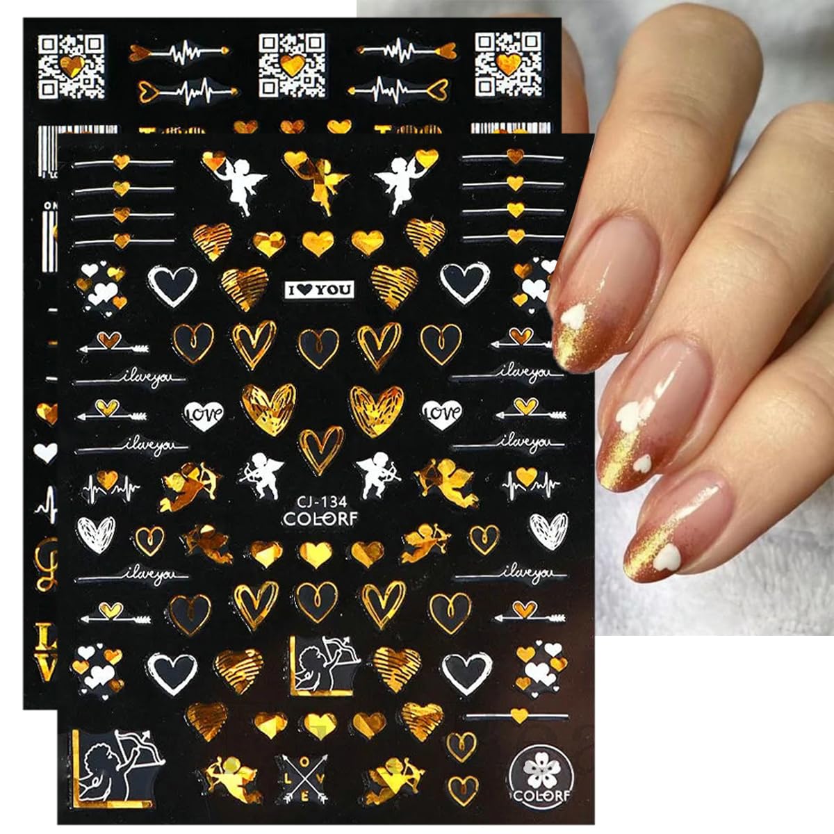 9 Valentines Nail Art Heart Stickers - Self-Adhesive Gold, 3D Rose Love Cupid Heart Letter Nail Decals for Women