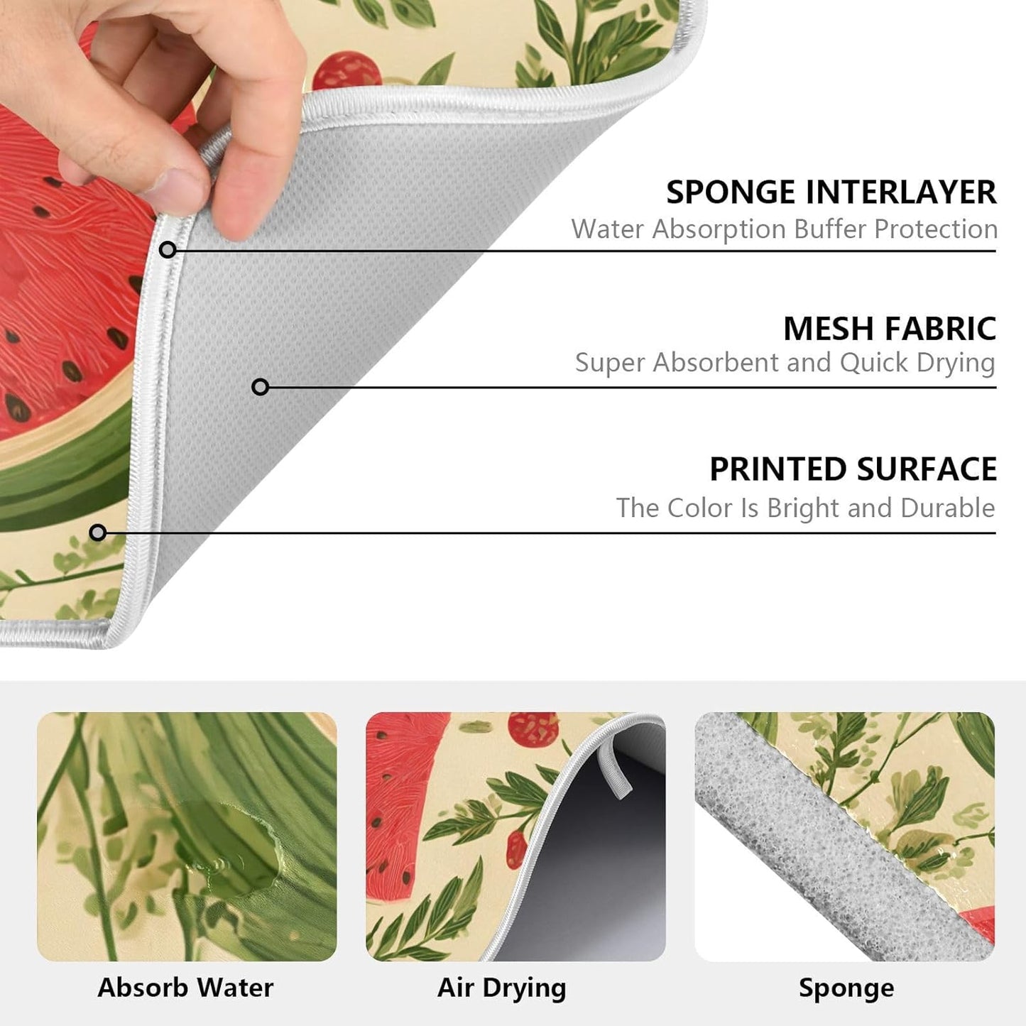 Watermelon Flower Dish Drying Mats for Kitchen Counter Absorbent Microfiber Dish Drying Matt 16 x 18 Inch Draining Reusable Rack Pad