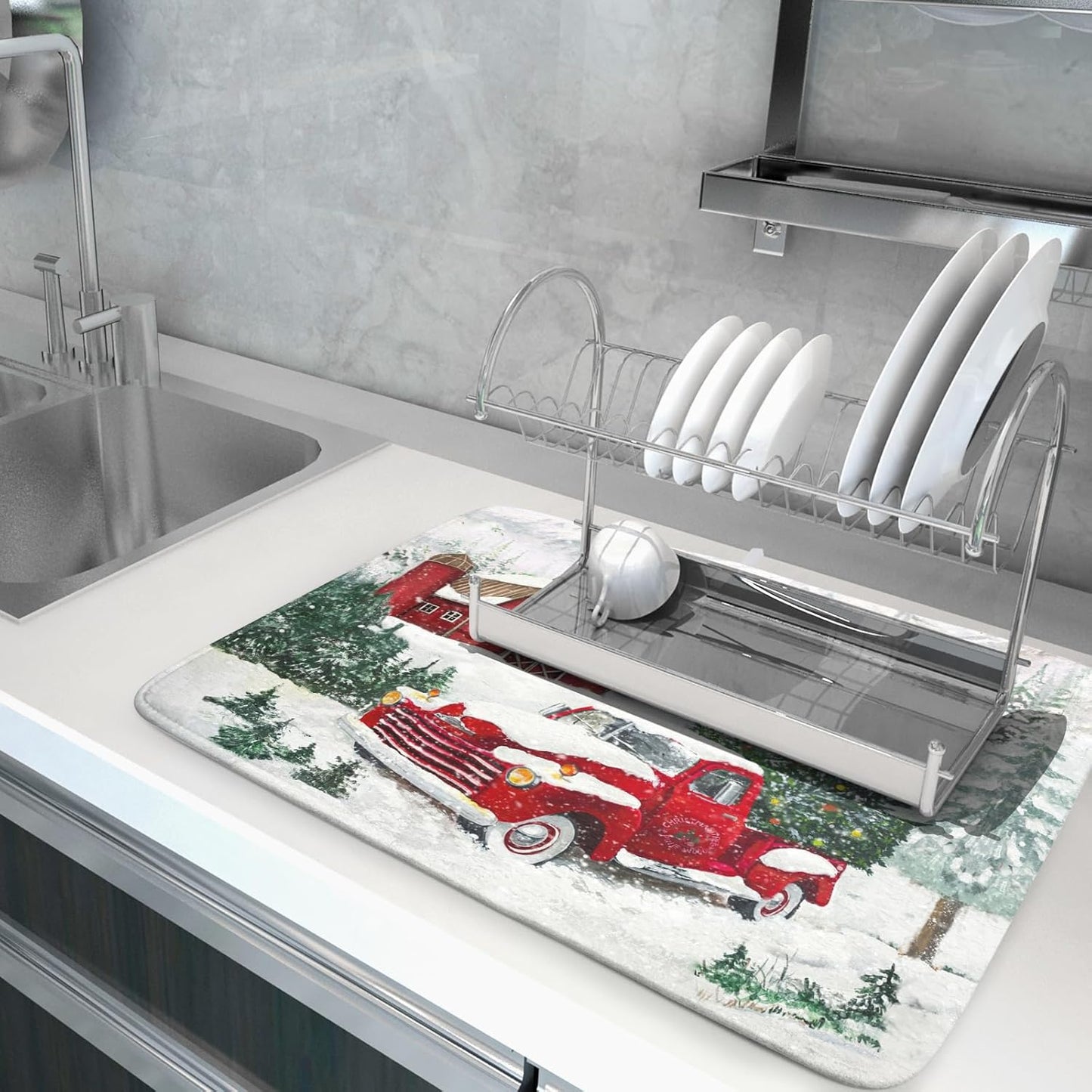 Winter Red Truck Dish Drying Mat Christmas Tree Dishes Pad 18x24 Inch Dish Drainer Rack Mats Absorbent Fast Dry Kitchen Holiday Accessories