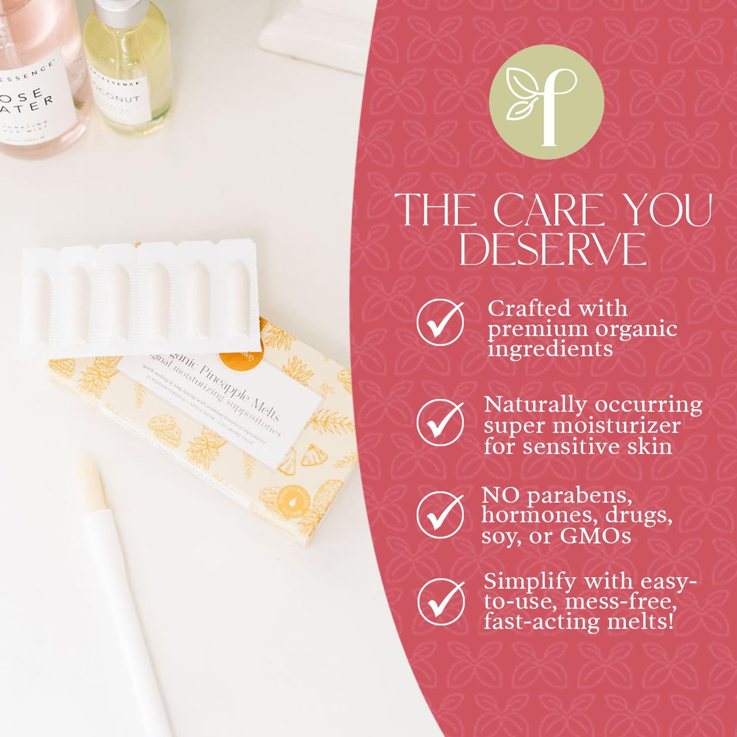 Femallay Organic Vaginal Moisturizing Suppositories – Pineapple – 100% Natural Relief for Dryness, Odor & Daily Feminine Discomfort – 14 Count + Applicator