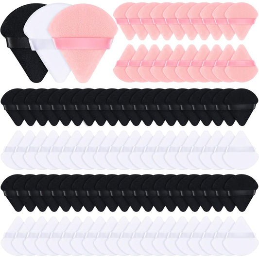 Meanplan 100 Pcs Powder Puff Face Soft Makeup Sponge Triangle Powder Puffs for Loose Velour Cosmetic Foundation Wet Dry Sponge Makeup Tools(Black, White, Pink)