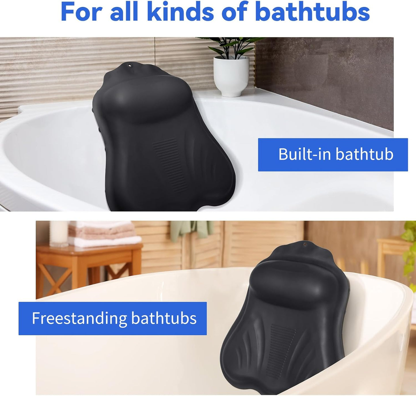 Goowin Bath Pillows for Tub, New Generation Skin-Friendly Silicone Bath Pillow, Luxury Bathtub Pillow for Head and Neck, Powerful Suction Tub Pillow for Bathtub with Inflatable Airbag (Black)