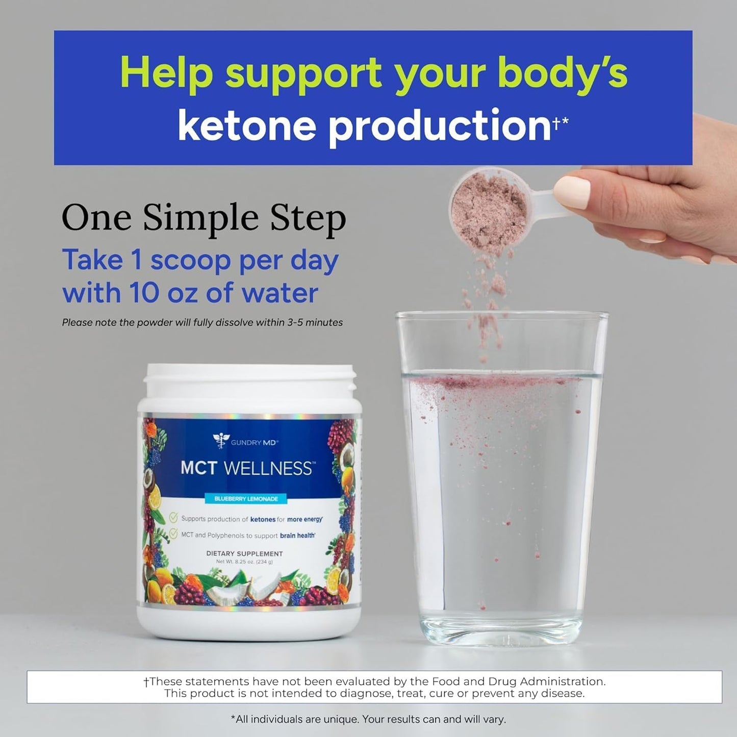 Gundry MD MCT Wellness Powder to Support Energy, Ketone Production and Brain Health, Keto Friendly, Sugar Free (90 Day Supply, Blueberry Lemonade)