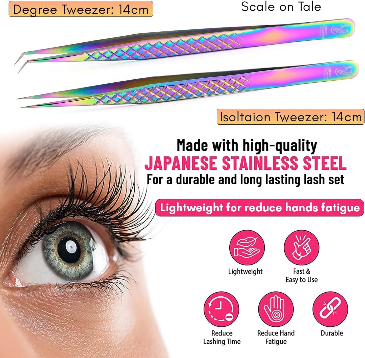 2pcs Curved & Straight Isolation Tweezers for Eyelash Extensions – 14cm Japanese Stainless Steel, Diamond Grip Non Slip Grip, Rainbow Set, Best for Classic & Individual Lashes