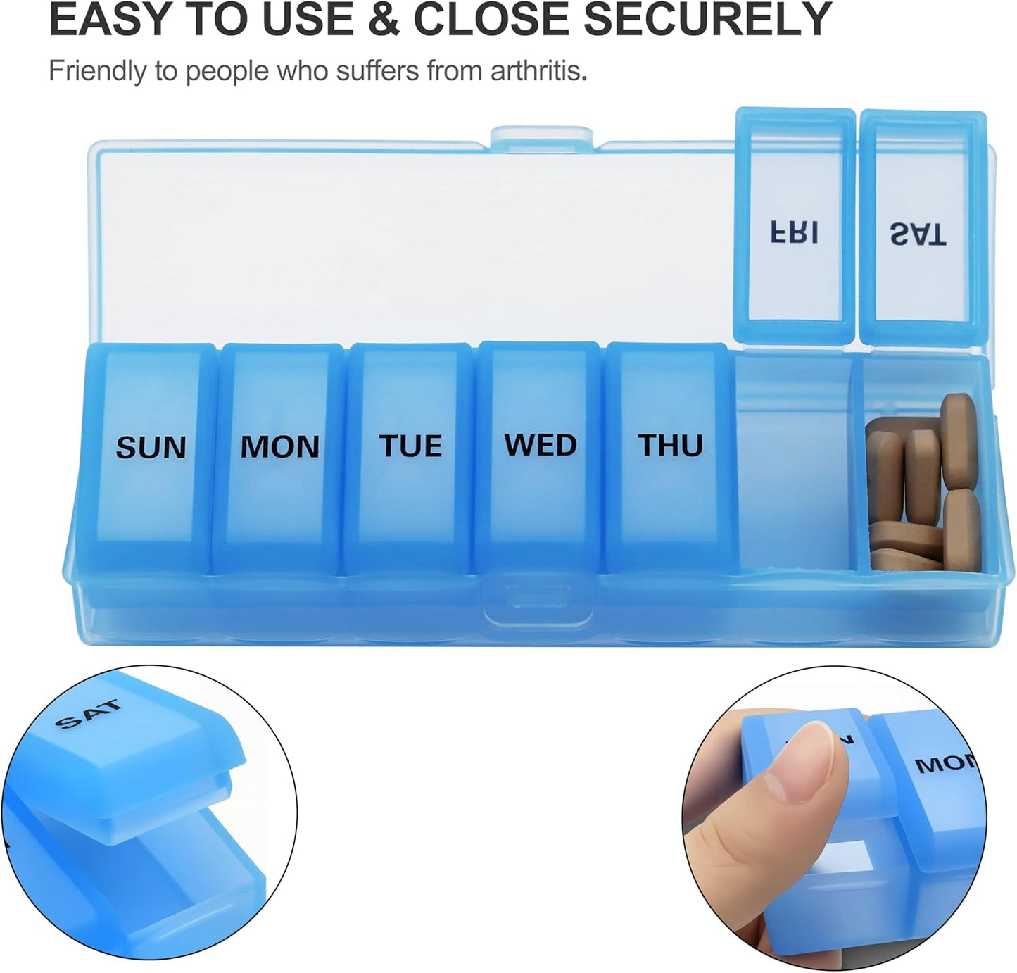 Silicone Weekly Pill Organizer 7 Day, Arthritis-Friendly Medicine Box Daily Pill Box, Large Medicine Case with Shell, Compact Travel Pill Container for Pill, Vitamin, & Fish Oil (Blue)