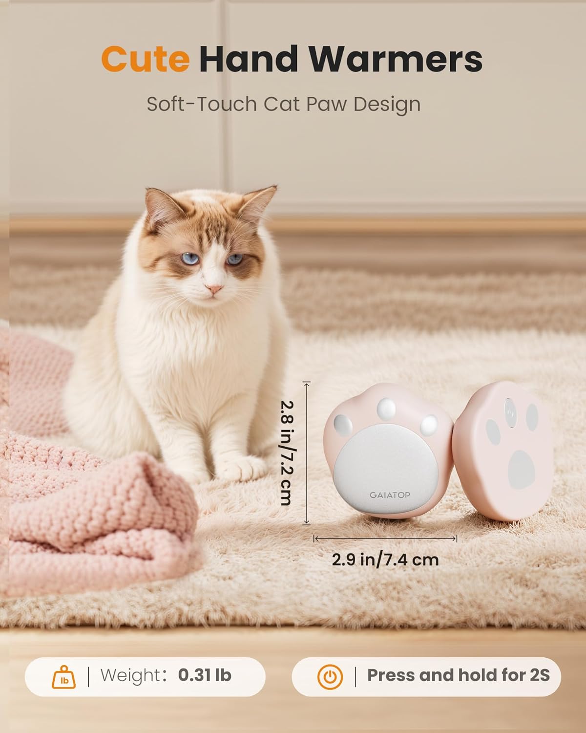 Gaiatop Hand Warmers Rechargeable, 2 Pack Cute Cat Paw Design 3 Levels Magnetic Electric Pocket Heater, Reusable Portable Hot Hands Gifts for Women Men Cat Lover