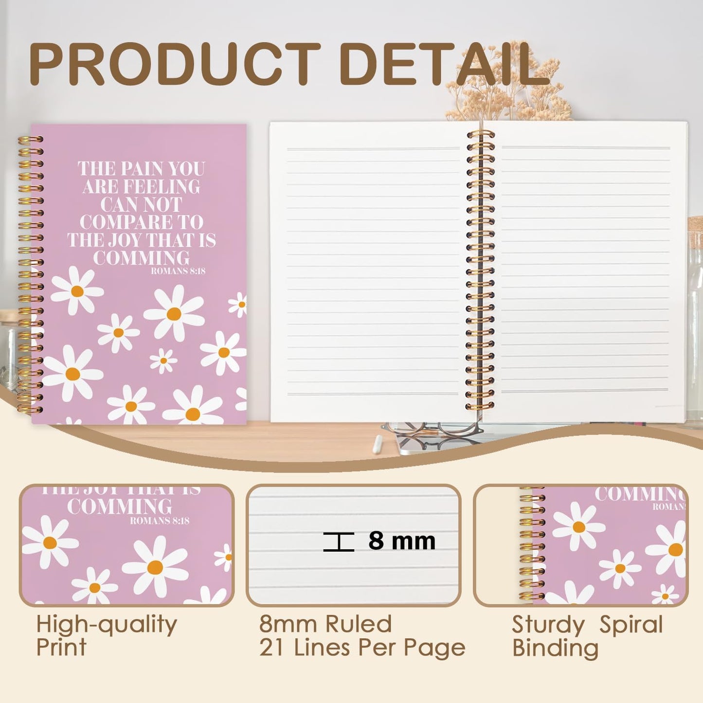 Pink Floral Christian Spiral Journal Notebook 5.5x8.3in, Romans 8:18 Bible Scripture Journal, Inspirational Christian Notebooks for Note Taking, Religious Hardcover Notebook