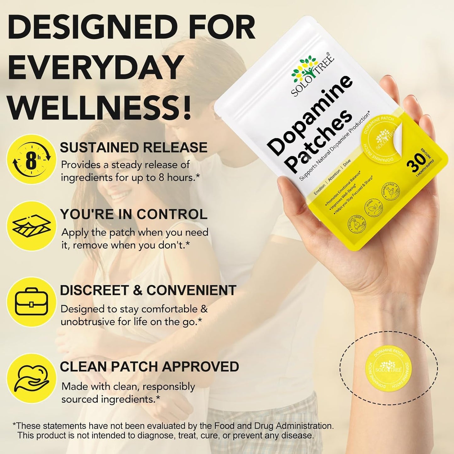 Dopamine Patches Extra Strength, Mood Support Body Care Patch, Dopamine Supplements for Men and Women, Plant-Based Formula, Daily Wellness 30 PCS