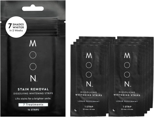 MOON Dissolving Teeth Whitening Strips - Vegan, Easy-to-Use, No Rinse White Strips - Hydrogen Peroxide and Essential Oils Infused Gentle Teeth Whitening Kit - Travel Essentials for Oral Care (14 Ct)