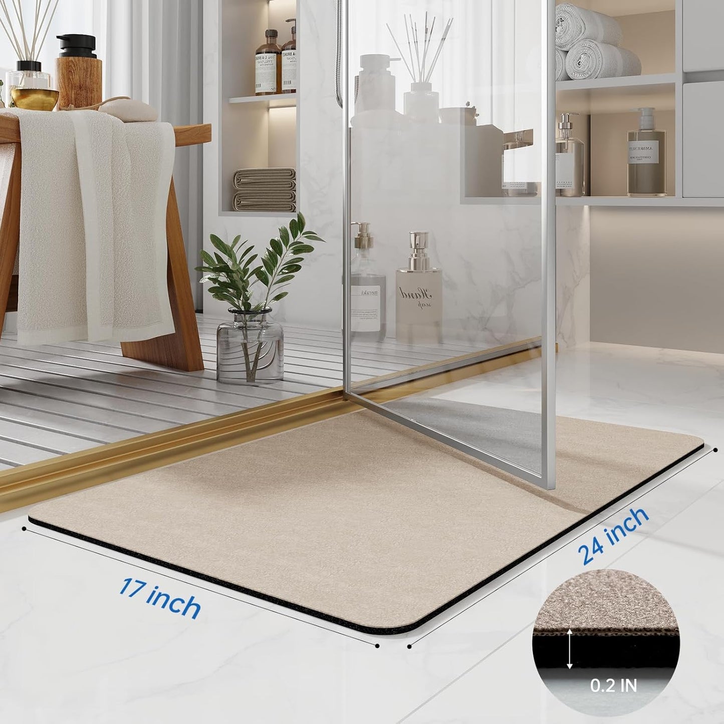 Bath Mat Rugs 24x17 - Diatomaceous Earth Bath Mat Quick Dry Absorbing Bathroom Rugs Rubber Non Slip Thin Bathroom Mat Fit Under Door, Bath Mats for Bathroom Floor, Tub and Shower, Sink, Taupe