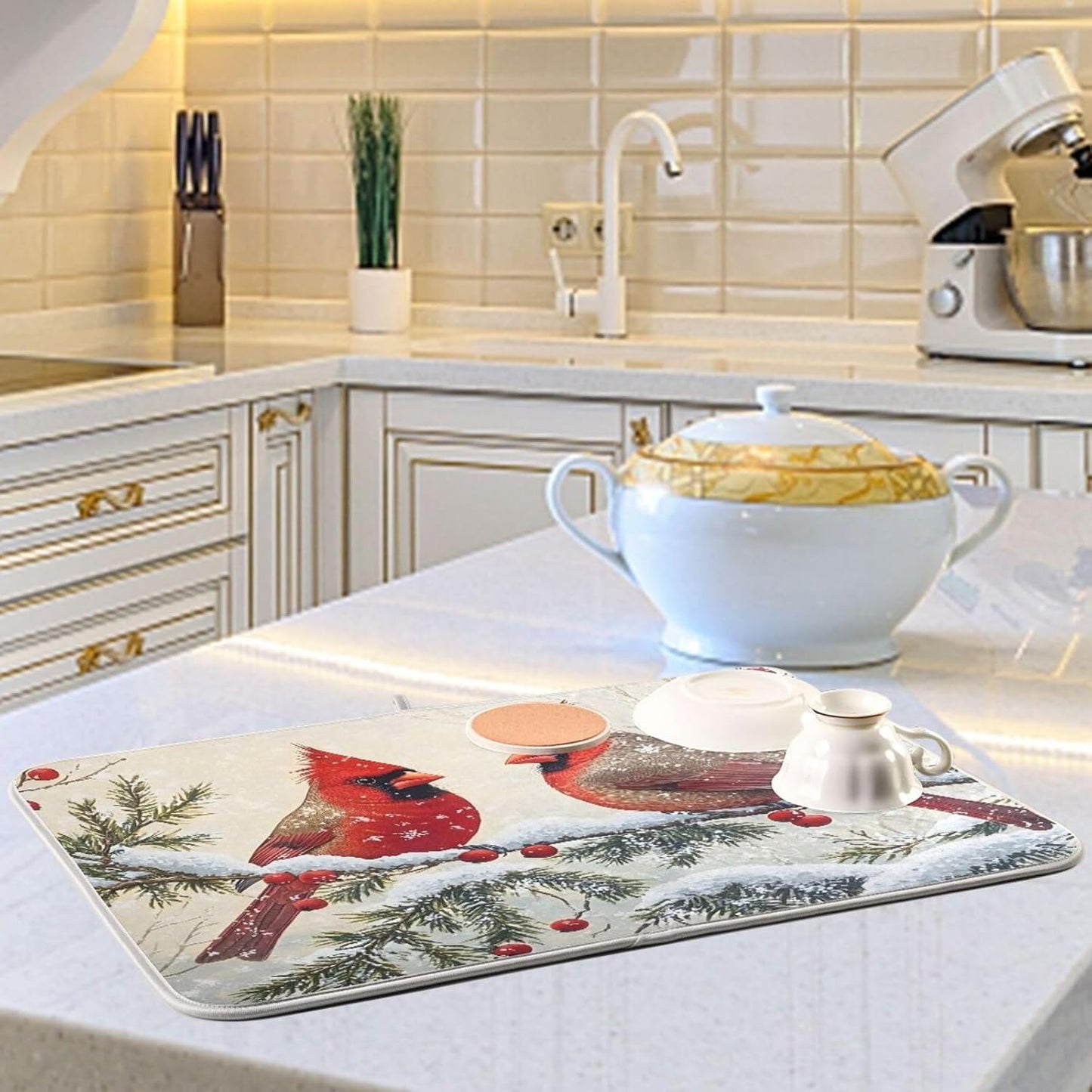 Christmas Dish Drying Mat Red Cardinals Birds Snowflake Branches Berries Winter Christmas Dish Drainer Mat for Kitchen Counter Drying Mat 16 x 18 Inch Absorbent Microfiber Dish Mat