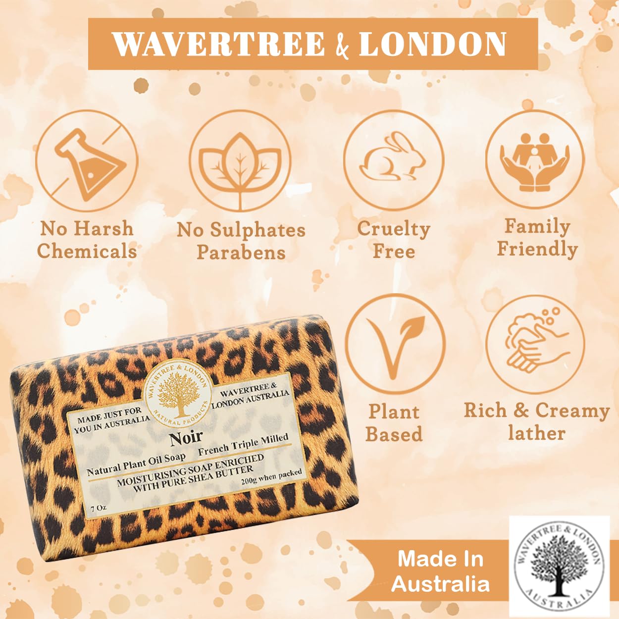 Wavertree & London Noir Scented Natural Soap (8 Bars), 7oz Moisturizing French Triple Milled Soap Bars enriched with shea butter - Pure Plant Oil Bath & Body Bars for All Skin Types