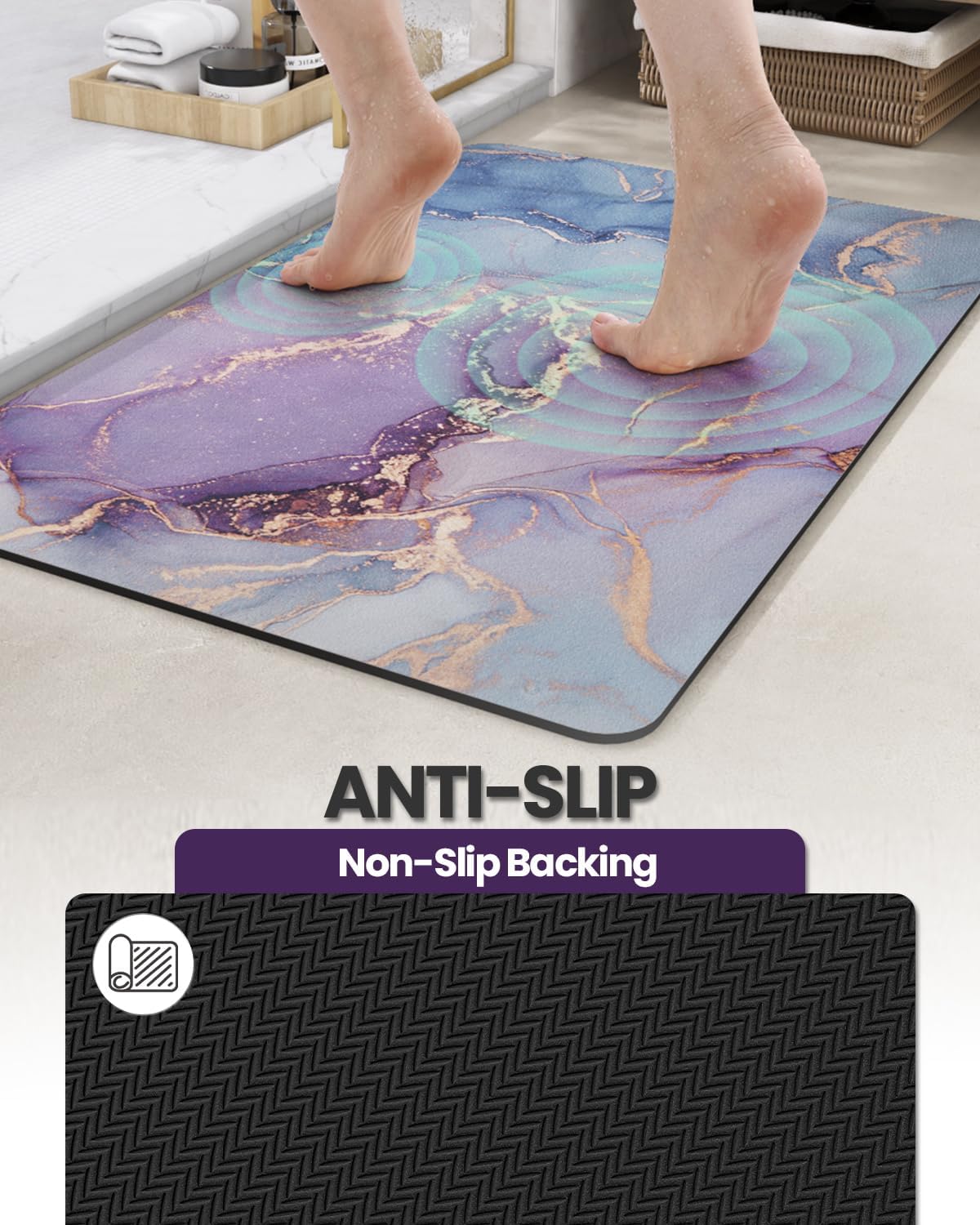 DEXI Bathroom Mat Ultra Thin, Non Slip Bath Rug for Shower Floor, Absorbent Quick Dry Marble Bathmats Low Profile, 17x32, Blue and Purple