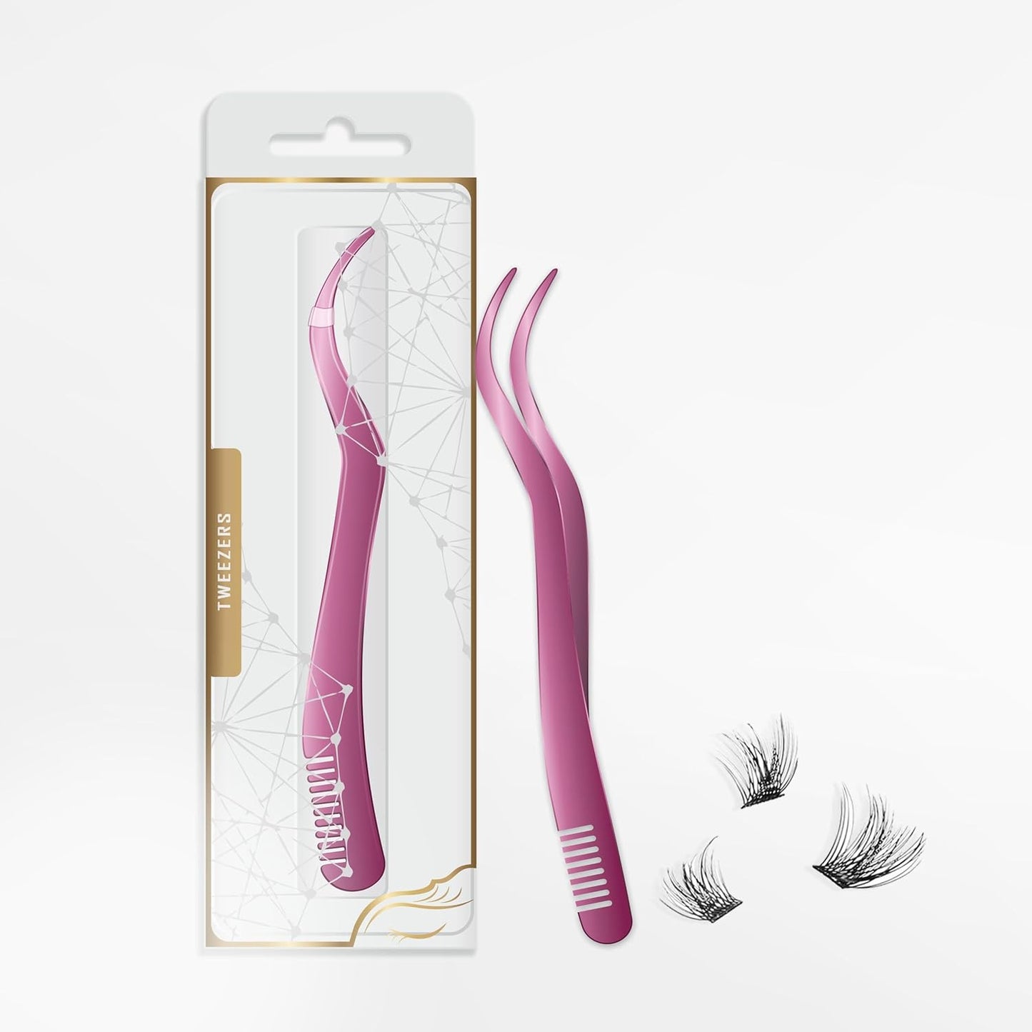 2 in 1 Lash Tweezer with Comb, Stainless Steel Elbow Tweezers, Eyelash Extension, Precise Eyebrow Tweezers Tool, Lashes Tweezer Applicator for DIY Applying False Eyelashes Clusters, Rose