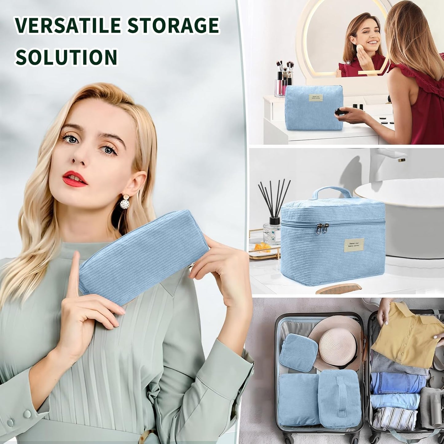 4 Pcs Makeup Bag for Women Corduroy Cosmetic Bag Aesthetic Cute Bags Multi Size Purse Pouch Travel Toiletry Bag Set Makeup Organizer with Zipper (07-Blue)
