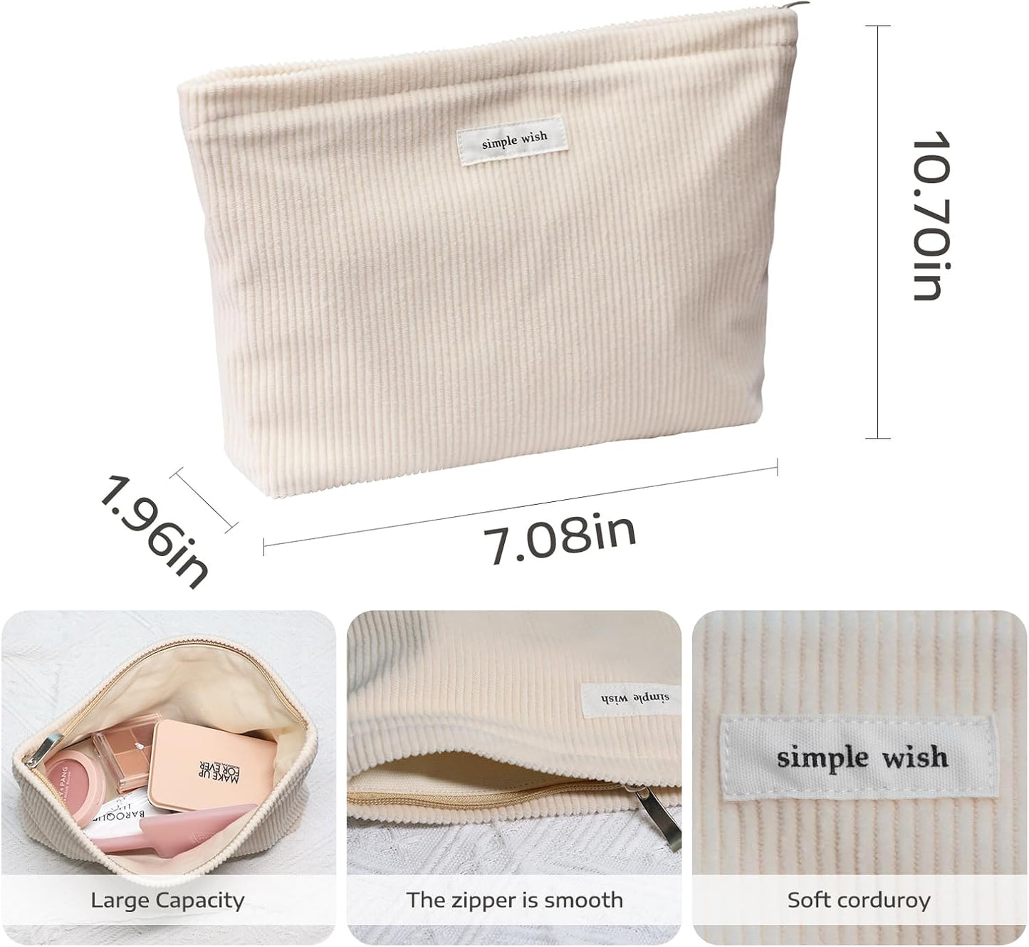 Wudygirl Travel Makeup Bag Large Capacity Cosmetic Bag for Women Corduroy Toiletry Bag Handbags Purses Zipper Pouch(Beige)