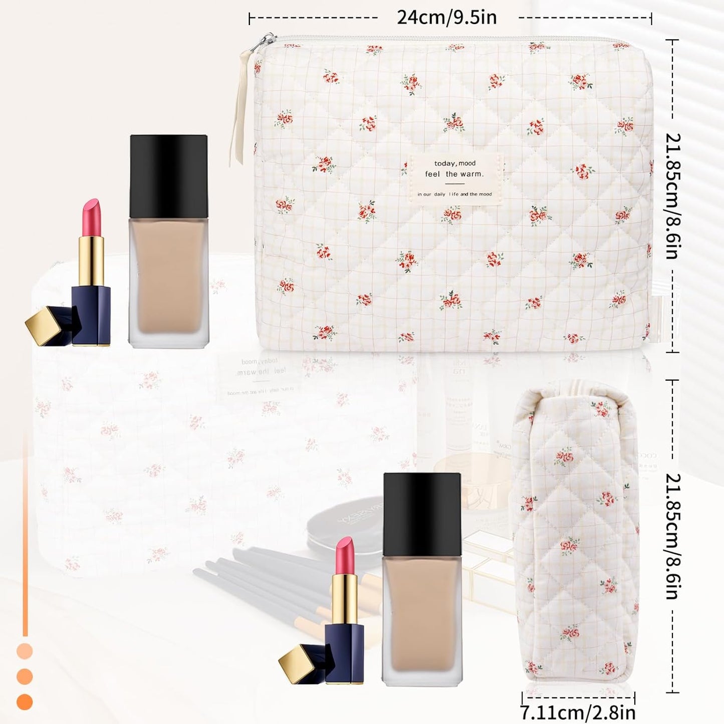 Floral Makeup Bag, Small Cosmetic Bag for Women Girls, Cute Cotton Makeup Bag, Quilted Makeup Bags, Flower Travel Toiletry Organizer Bag(Checkered Flower)