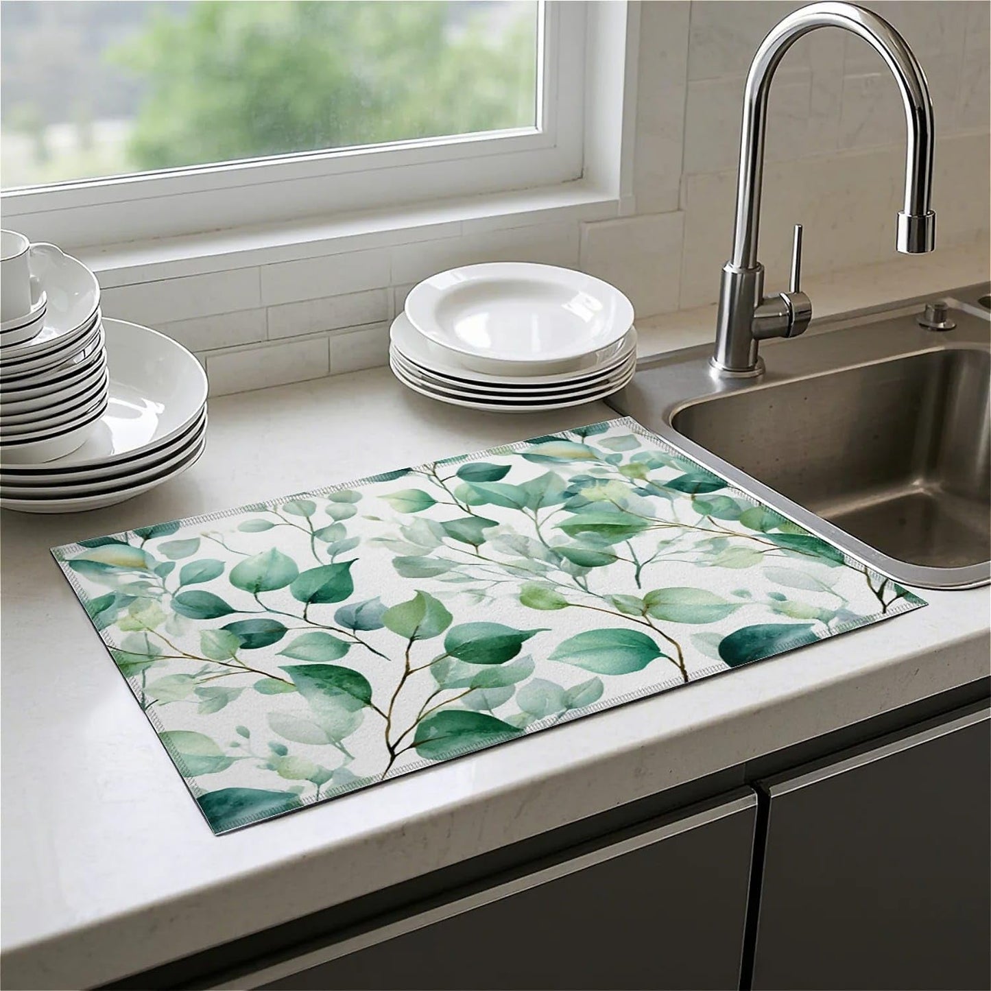 Dish Drying Mat For Kitchen Counter, Sage Green Microfiber Absorbent Dish Drainer Rack Pad Reusable Large 18x24in Drying Mat