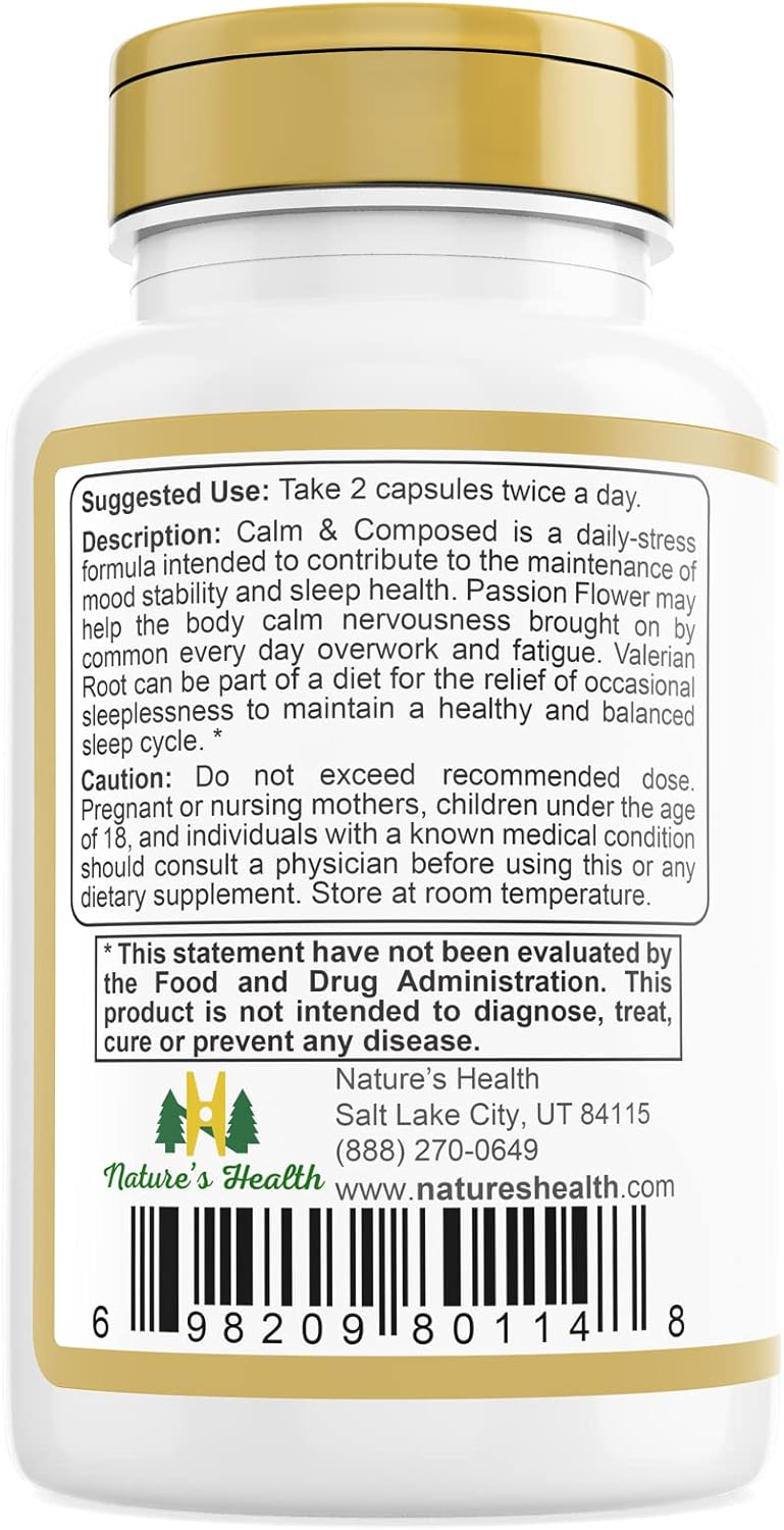 Nature's Health Calm and Composed – Valerian Root and Passion Flower Formula – Daily Stress Relief – Relaxation Supplement – 1000 mg per Serving – 60 Vegetarian Capsules