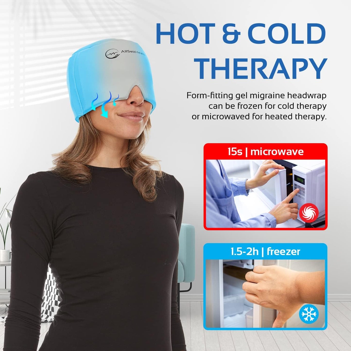 Migraine Relief Cap Ice Head Wrap Headache and Migraine Hat | Headache Relief with Hot/Cold Gel Head Ice Pack with Face and Eye Headache Mask Compress - Grey