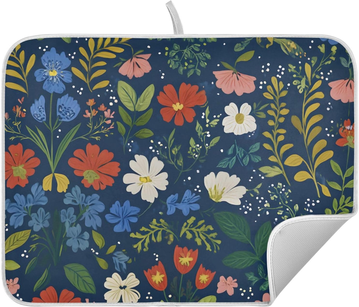 Wildflowers Dark Blue Dish Drying Mats for Kitchen Counter, 18x24 inch Drying Dishes Absorbent Microfiber Dish Drainer Mat Rack Pad Fast Dry