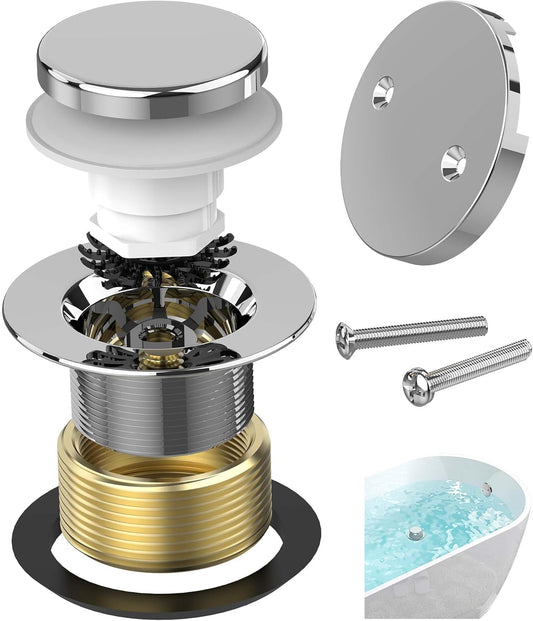 Chrome Plated Tub Drain Kit with Hair Catcher, Premium Brass Tip-Toe Bathroom Tub Drain Replacement and 2-Hole Overflow Faceplate, 11.5/16 UNC Bathtub Drain Stopper Assembly