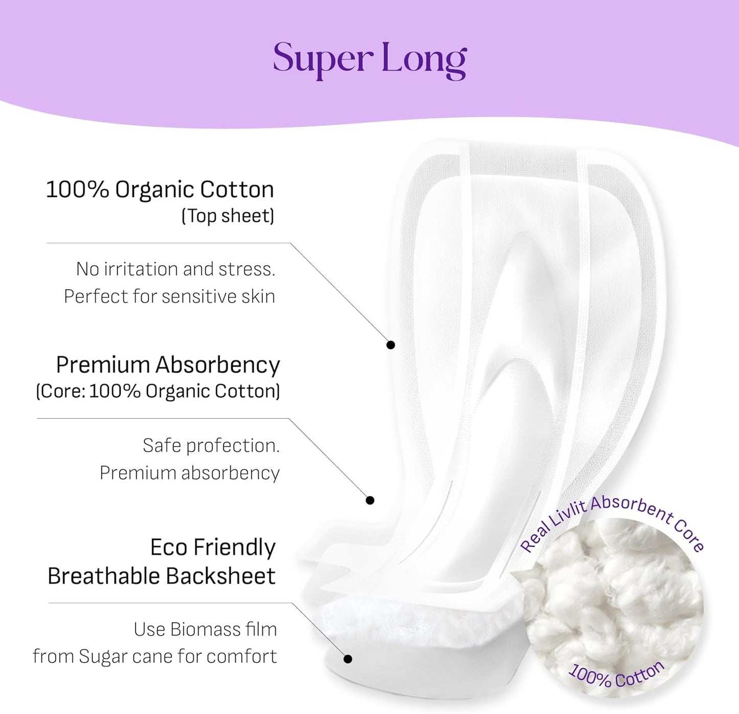 Livlit Super Long Overnight Sanitary Pads, 100% Organic Cotton from Texas, Heavy Absorbency, Powerful Leak Protection, Unscented, Extra Long Length Pads for Women (10 Count)