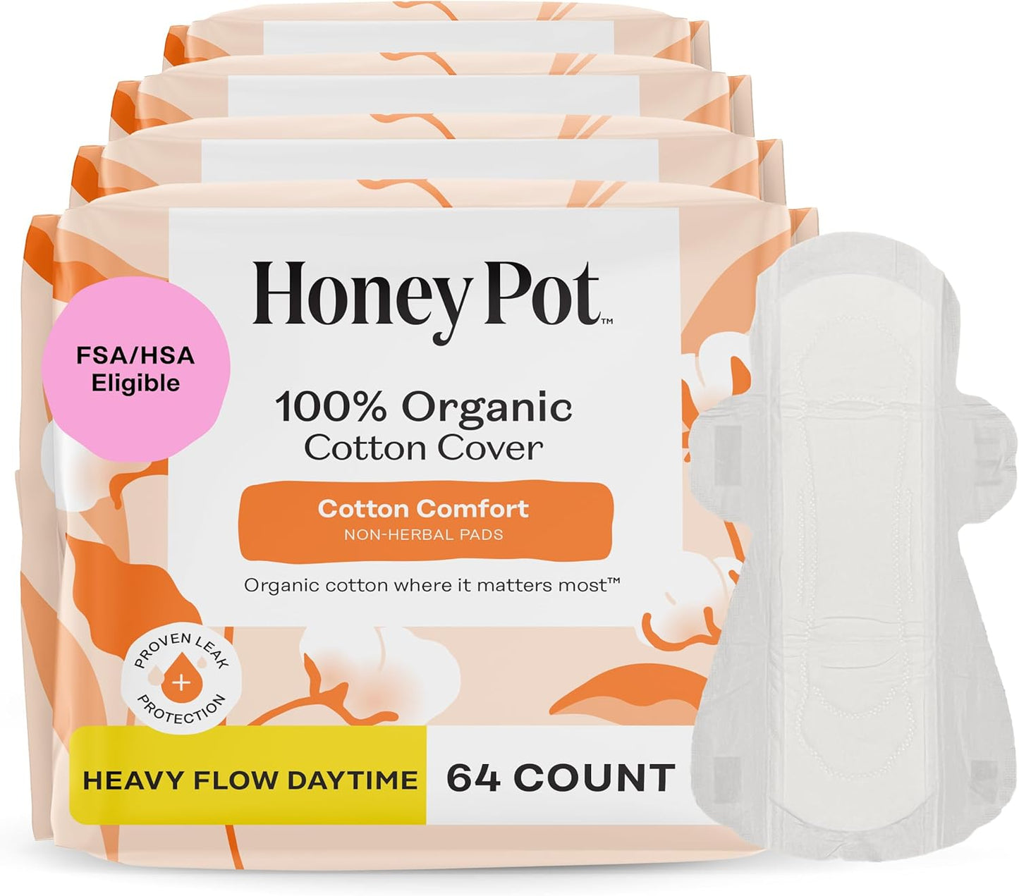 The Honey Pot Company - 64ct - Sanitary Pads for Women - Non-Herbal Heavy Flow Daytime w/Wings - Organic Cotton Cover & Ultra-Absorbent Core - Feminine Care