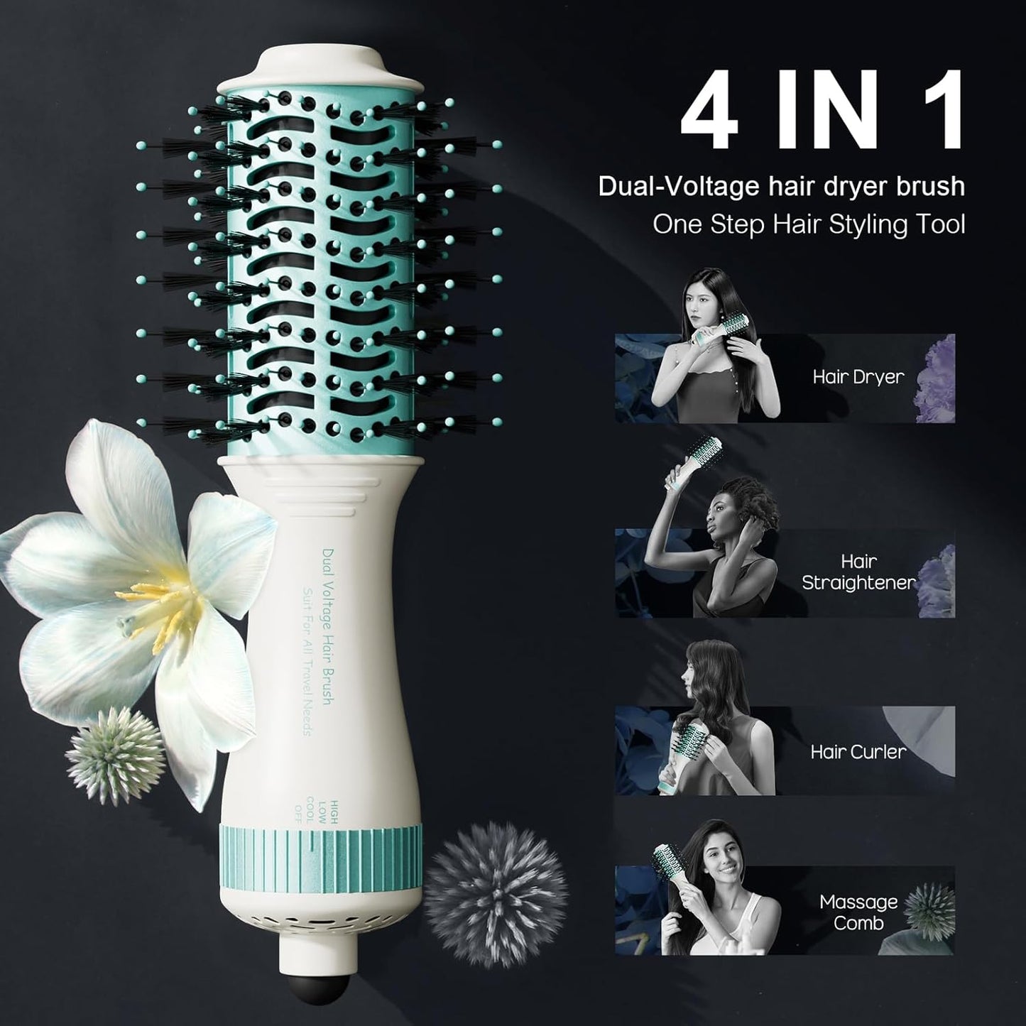 Dual Voltage Travel Hair Dryer Brush 4-IN-1 Portable Mini Hot Air Blow Dryer Straightener & Curler Brush, Titanium Round Blowout Styler Volumizer Tools, 110/240V US/EU/UK Plug for International Travel