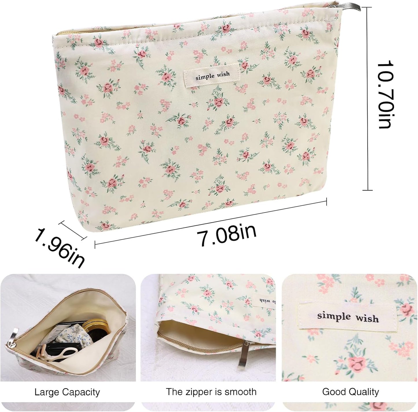Wudygirl Large Capacity Makeup Pouch Aesthetic Cute Makeup Bag Canvas Toiletry Bag Pencil Pouch with Zipper (Beige and Small Floral)