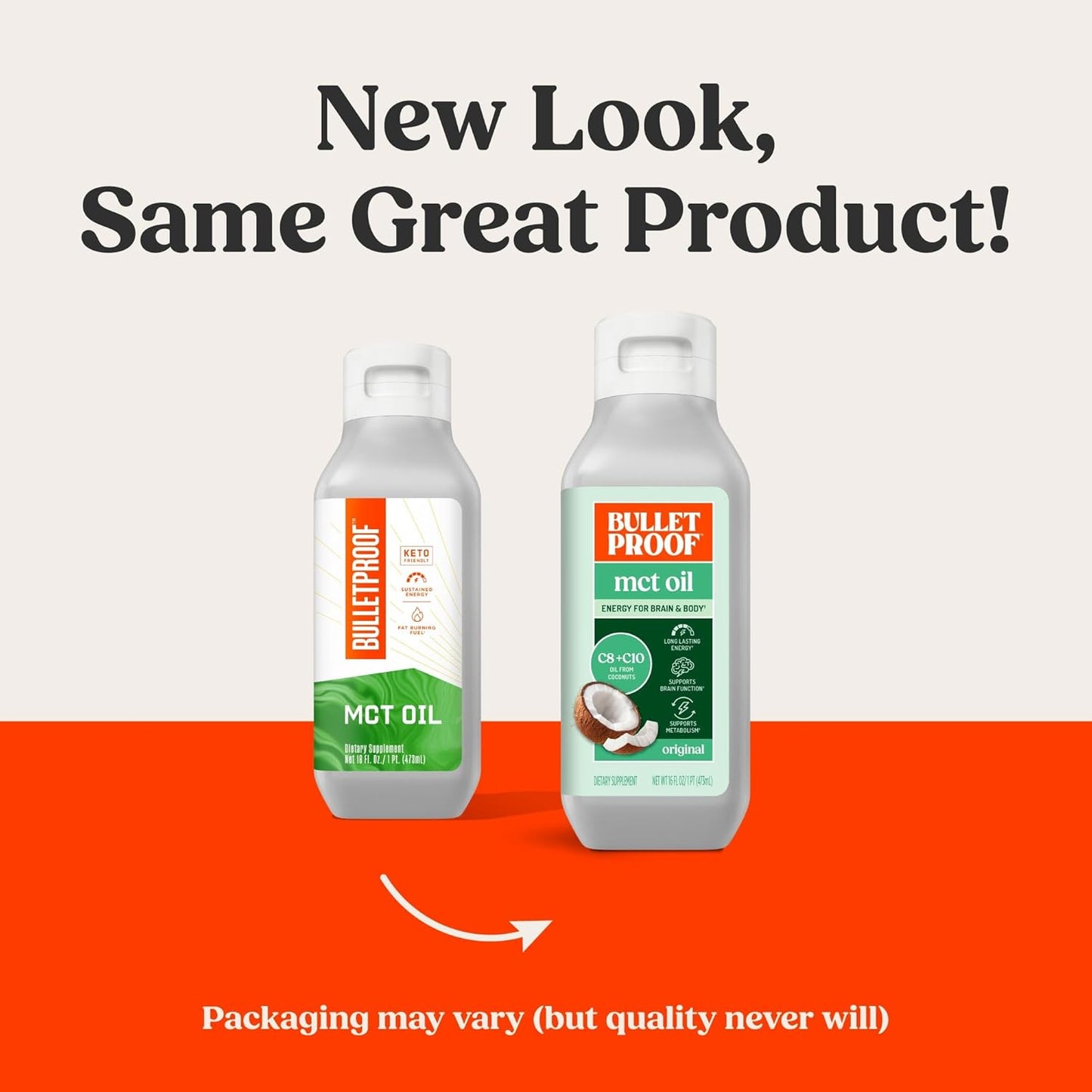 Bulletproof MCT Oil Made with C10 and C8 Oil, 16 Ounces, Keto Supplement for Sustained Energy, Brain and Body Fuel, Add to Coffee and Smoothies, Packaging May Vary
