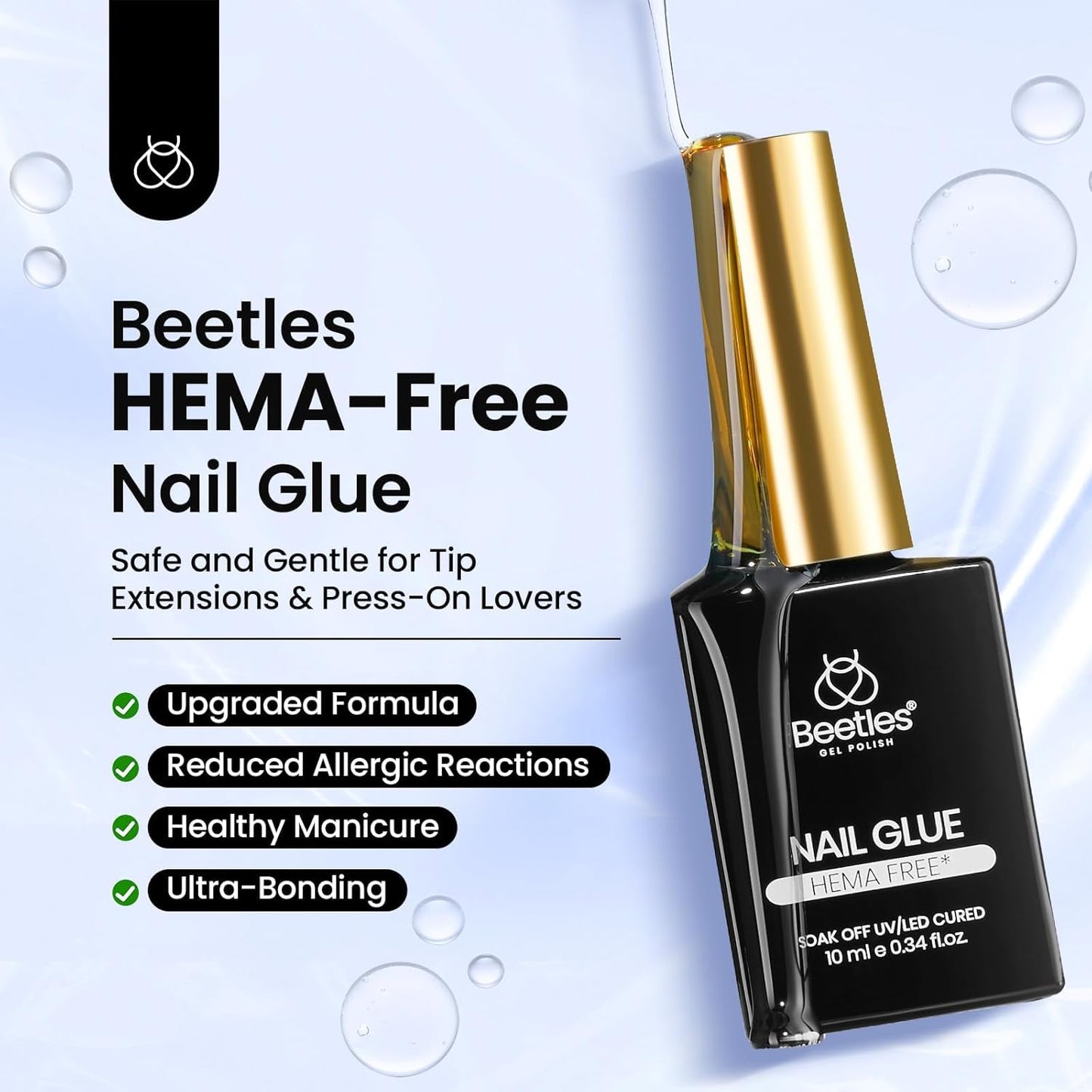 Beetles Hema-Free Nail Glue Gel - 10ml Super Strong Brush U V Nail Glue for Acrylic and Clear Press On Nails, Long Lasting Extension Gel Curing Needed