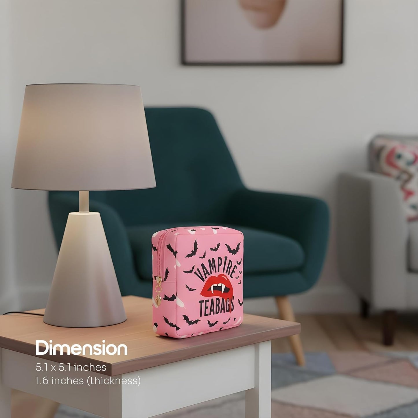 Primo Lines Period Bag for School – Compact Discreet Tampons & Pad Pouch with Waterproof Lining, Cute & Stylish Period Pouches for Teen Girls for School and Travel, First Period Kit (Vampire Teabags)