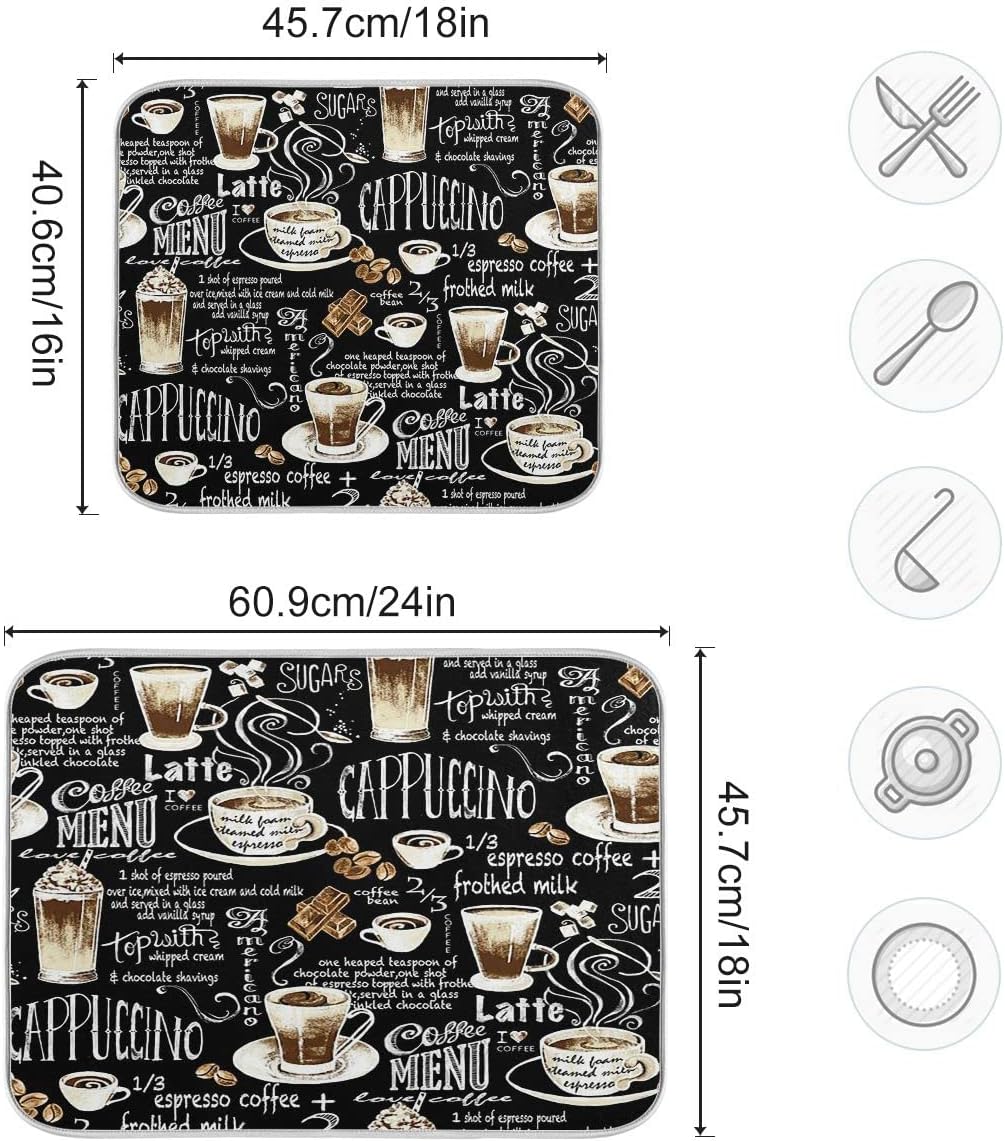 Coffee Black Dish Drying Mat for Kitchen Coffee Beans Maker Cappuccino Latte Chocolate Microfiber Drying Mats Absorbent Reversible Dish Pad Large Dish Draining Mat 18x24 inch