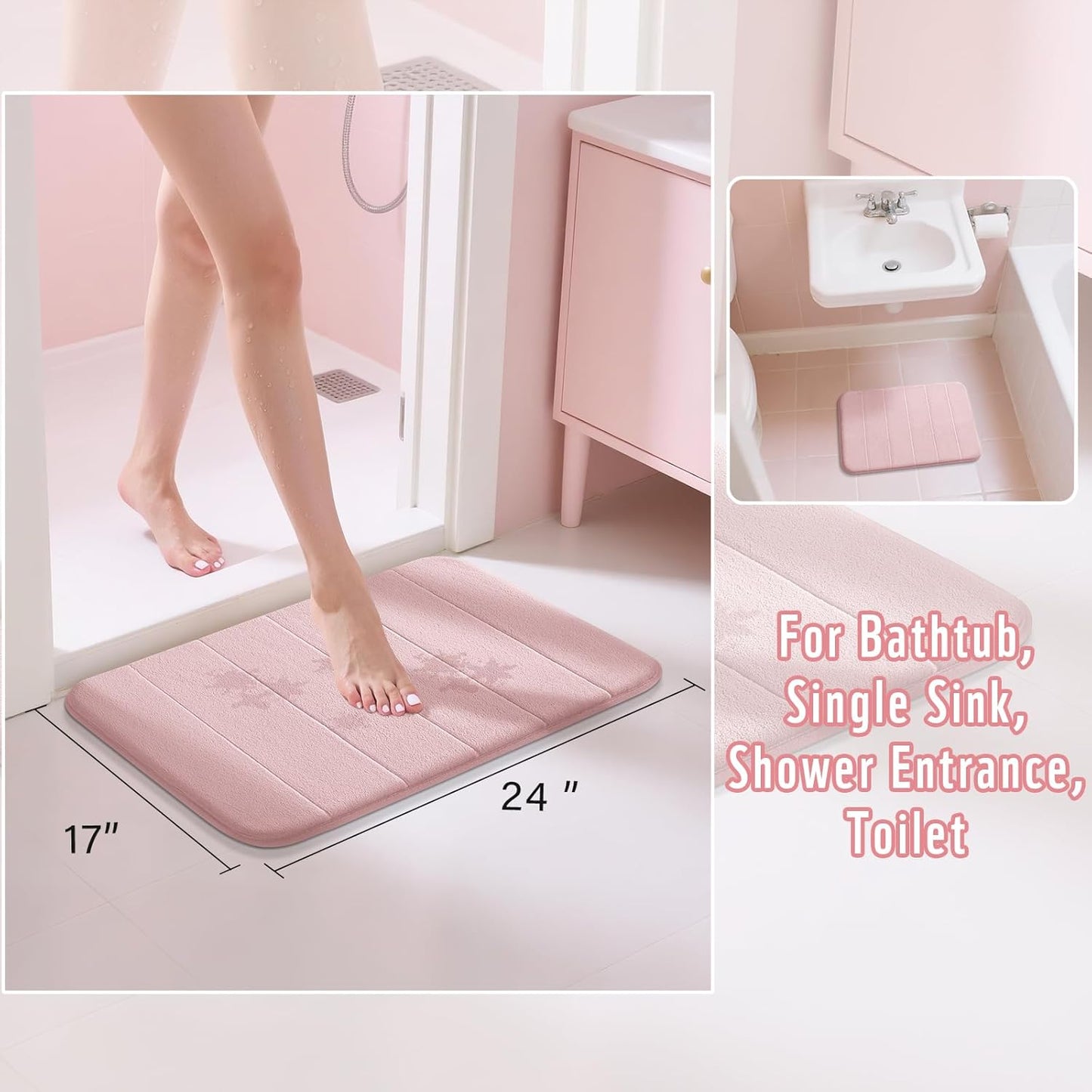 Yimobra Pink Bath Mat 24x17 Inch, Super Soft Absorbent Memory Foam Bathroom Rug Non Slip, Quick Dry, Machine Washable Floor Carpet for Tub Shower, Home Decor Accessories