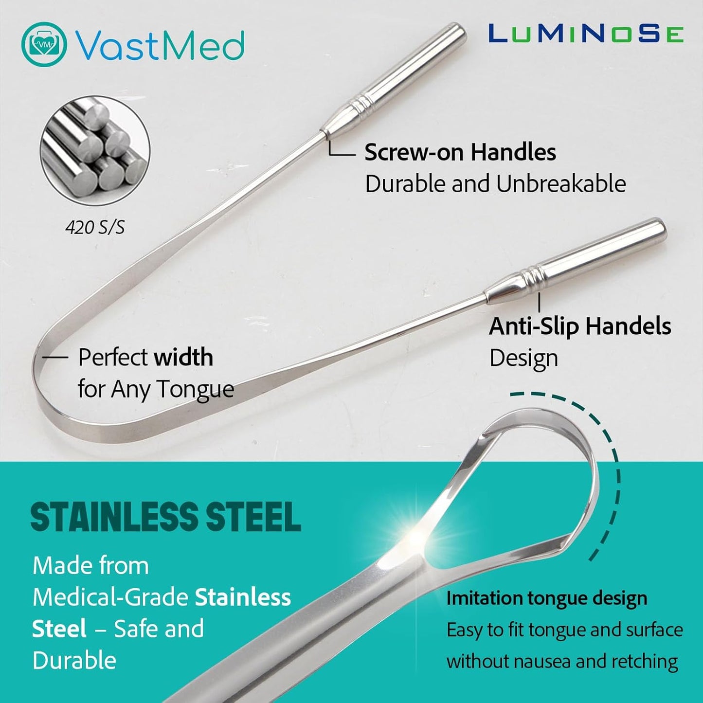 2 PCs Medical Grade Tongue Scraper by Vastmed | Stainless Steel Tongue Cleaner, Metal Tongue Scraper with Travel Bag | Tongue Scrubber for Bad Breath, Boost Oral Hygiene
