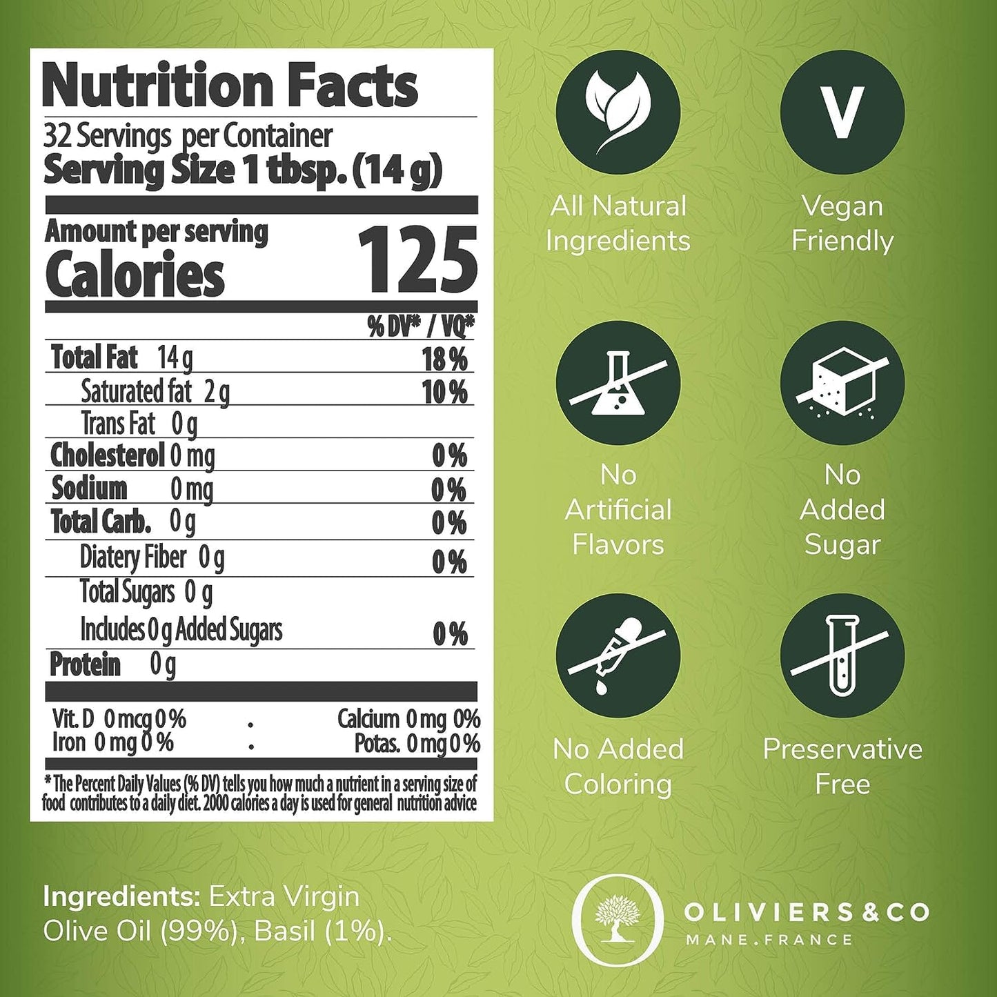 Fresh Basil Olive Oil by Oliviers & Co. | Cold Pressed Extra Virgin Olive Oil | Everyday and Cooking EVOO from Italy | Gourmet Flavored Oil in Tin Can | (8.4 Fl Oz (Pack of 1), Fresh Basil)