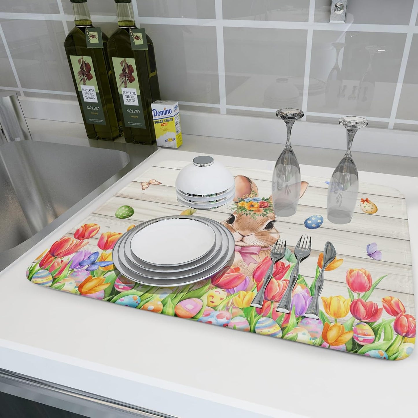 Easter Bunny Dish Drying Mat 18x24 inch Eggs Floral Fast Drying Pad Washable Reversible Microfiber Dish Drainer Mats for Kitchen Counter